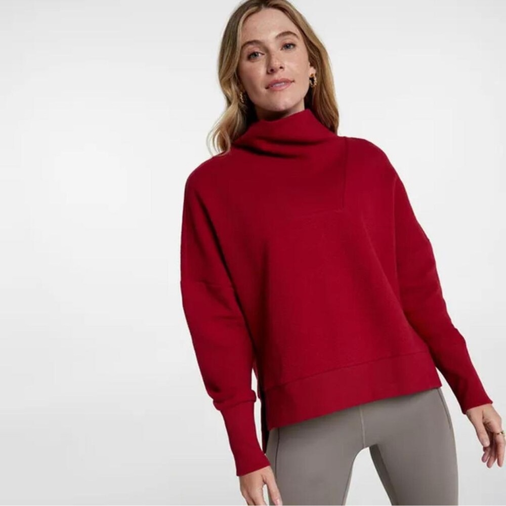 CALIA Women's Herringbone Funnel Neck Sweatshirt, Small- Red & Maroon